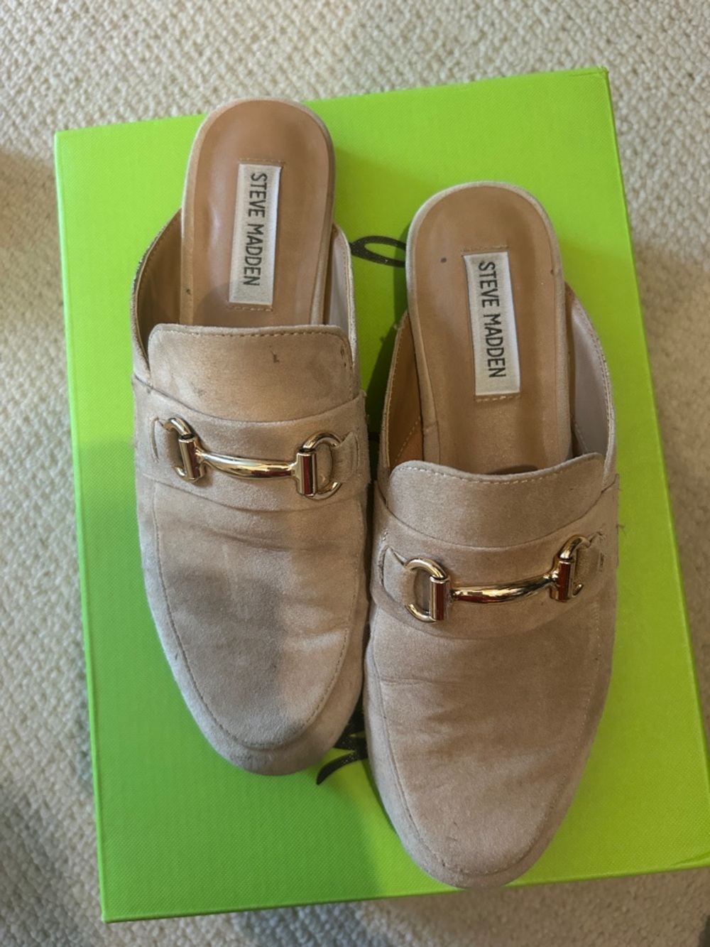 Steve Madden Beige Suede Backless Mules with Gold Horsebit
